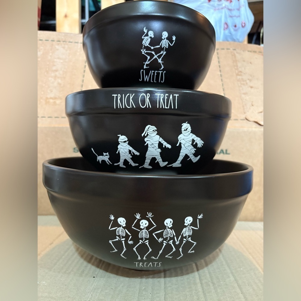 Rae Dunn Halloween Black Dancing Skeletons Bowls Set